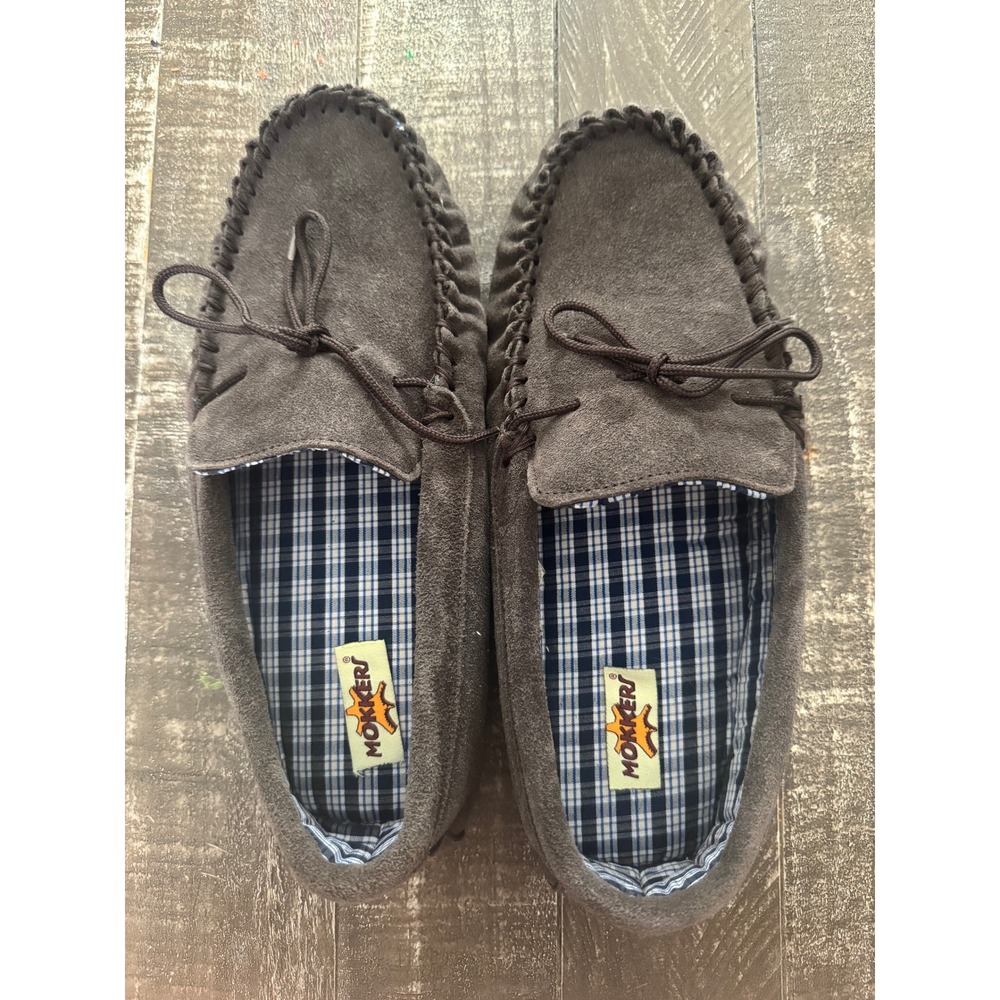 MOKKERS Men's Bruce Gray Suede Mocassin Slippers Size 11 Gray Blue‎ White Checks